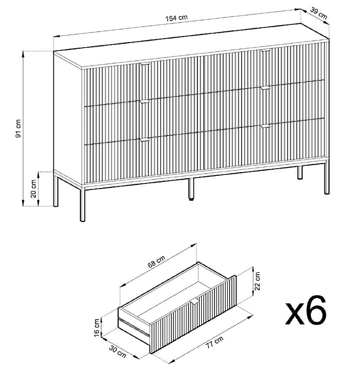 Komoda sześcioszufladowa Vellore 154 cm biała z ryflowanymi frontami i czarnym stelażem KS-154  - zdjęcie 5