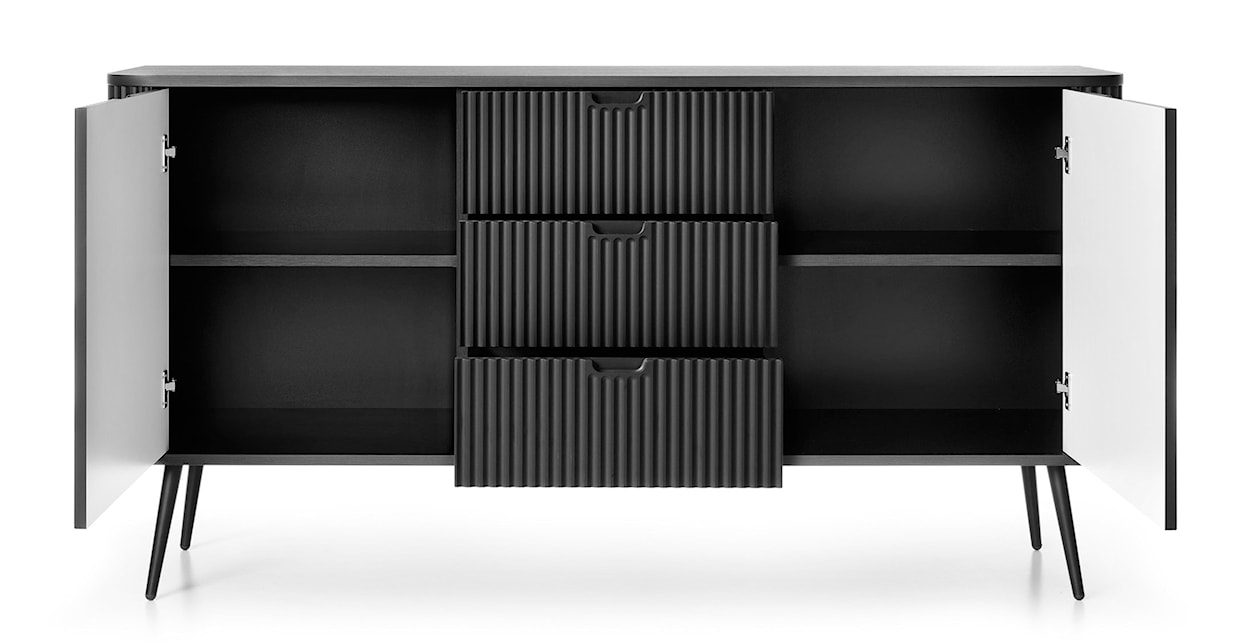 Komoda dwudrzwiowa Zova z trzema szufladami i lamelowymi frontami 168 cm Czarna  - zdjęcie 6