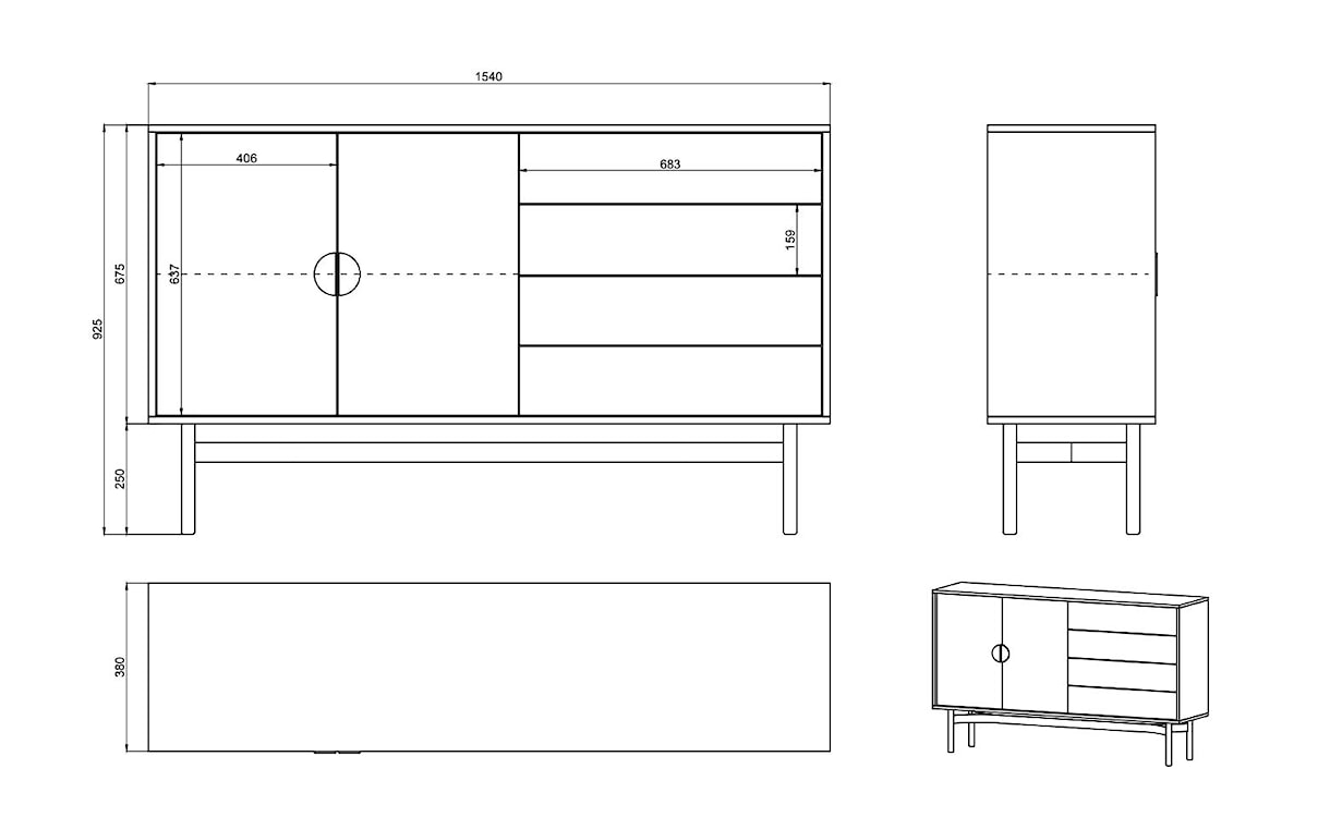 Komoda dwudrzwiowa Stoon z czterema szufladami 154 cm Czarna  - zdjęcie 7