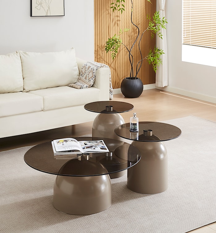 Stolik kawowy Velmorra okrągły średnica 40 cm z dymionym szklanym blatem i metalową podstawą kaszmir  - zdjęcie 2