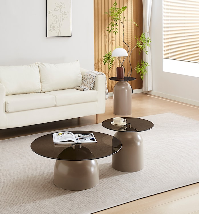 Stolik kawowy Velmorra okrągły średnica 40 cm z dymionym szklanym blatem i metalową podstawą kaszmir  - zdjęcie 3