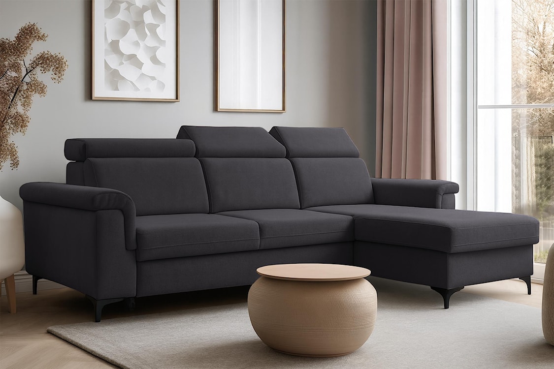 Narożnik z funkcją spania Verrmo L-kształtny uniwersalny z pojemnikiem ciemnografitowy welur hydrofobowy  - zdjęcie 2