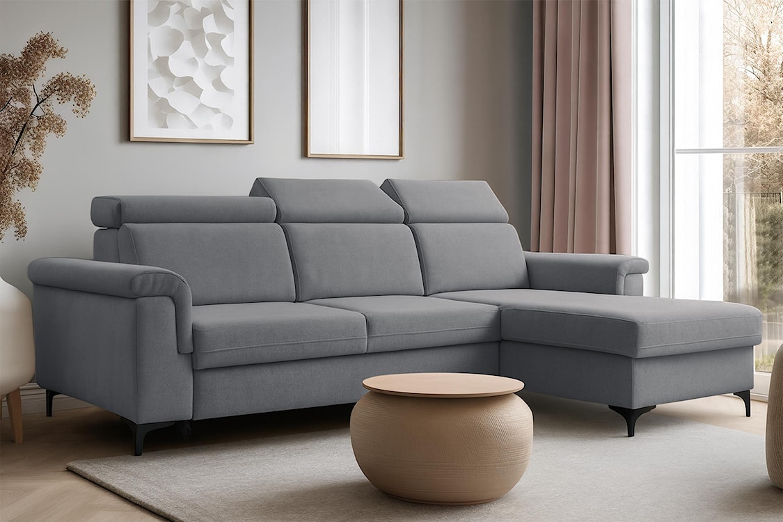 Narożnik z funkcją spania Verrmo L-kształtny uniwersalny z pojemnikiem szary welur hydrofobowy  - zdjęcie 2