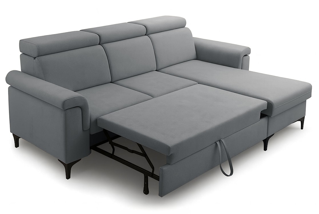 Narożnik z funkcją spania Verrmo L-kształtny uniwersalny z pojemnikiem szary welur hydrofobowy  - zdjęcie 4