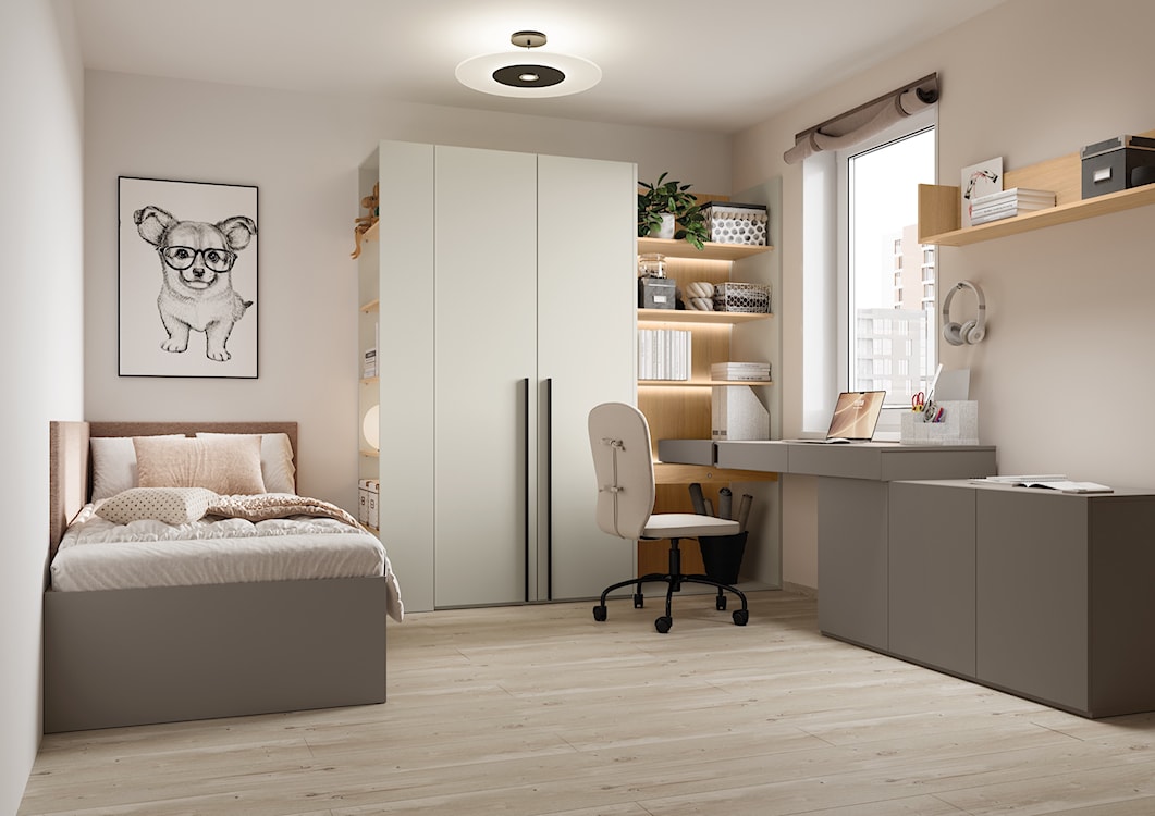Biurko młodzieżowe prawe Woow z trzema szufladami i wnęką 210 cm szampański/clay grey  - zdjęcie 2