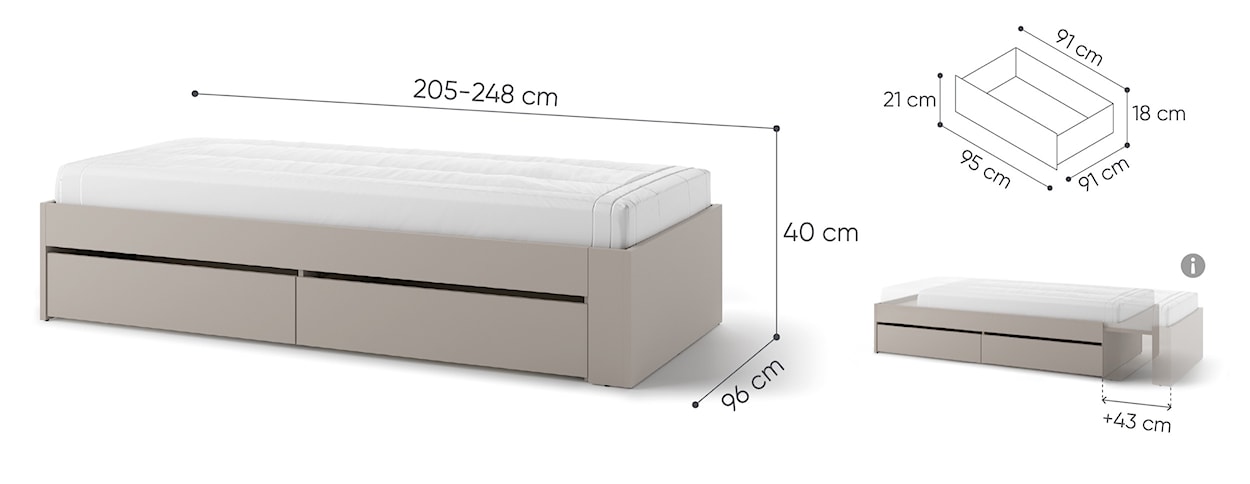 Łóżko młodzieżowe rozsuwane Woow z dwiema szufladami 205-248 cm clay grey  - zdjęcie 9