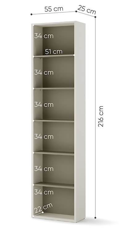 Regał młodzieżowy wąski Woow z sześcioma półkami i oświetleniem 55 cm szampański/eukaliptus  - zdjęcie 6
