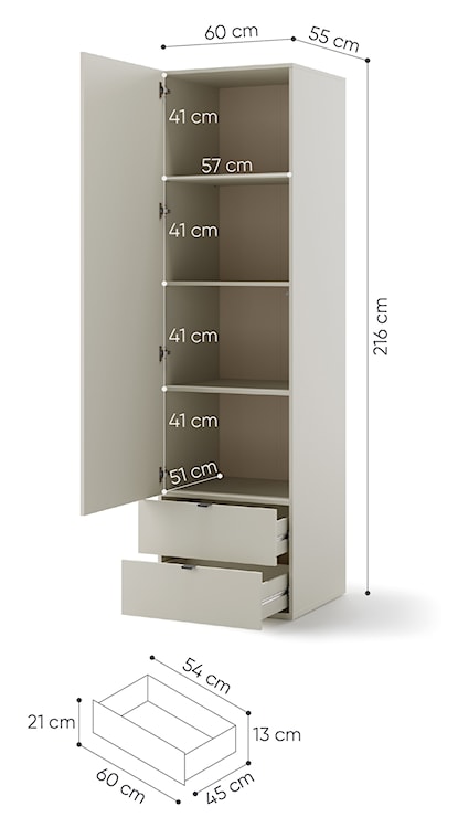 Szafa młodzieżowa jednodrzwiowa Woow z szufladami i półkami 60 cm szampański  - zdjęcie 5