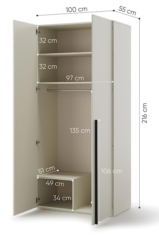 Szafa młodzieżowa dwudrzwiowa Woow z drążkiem i półkami 100 cm szampański  - zdjęcie 7