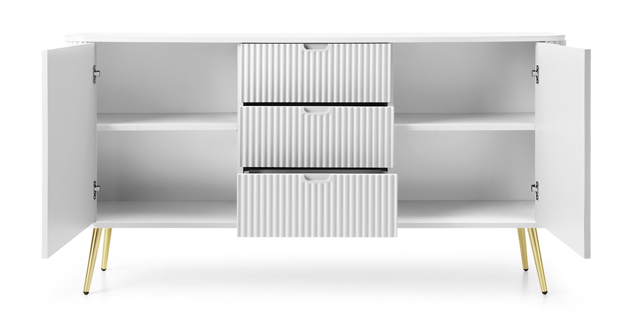 Komoda dwudrzwiowa Zova z trzema szufladami i lamelowymi frontami 168 cm Biała  - zdjęcie 4