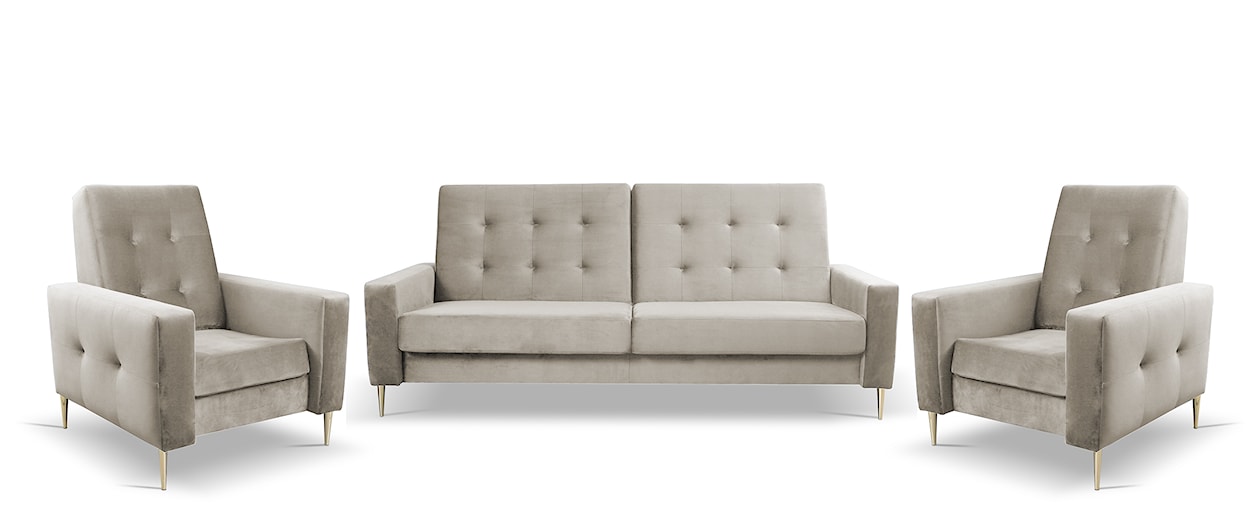 Komplet wypoczynkowy Santi sofa i dwa fotele kremowy w tkaninie hydrofobowej nogi złote