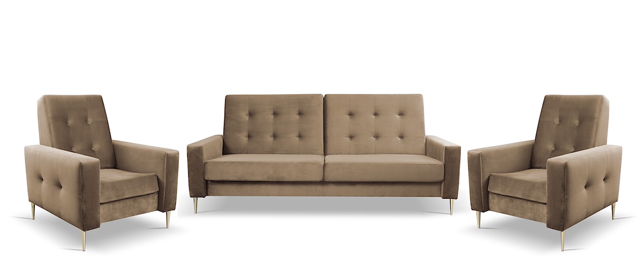 Komplet wypoczynkowy Santi sofa i dwa fotele beżowy w tkaninie hydrofobowej nogi złote