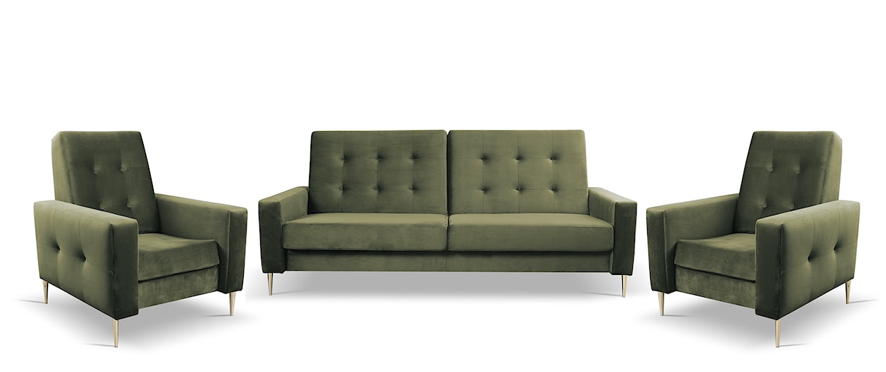 Komplet wypoczynkowy Santi sofa i dwa fotele oliwkowy w tkaninie hydrofobowej nogi złote