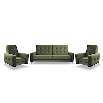 Komplet wypoczynkowy Santi sofa i dwa fotele oliwkowy w tkaninie hydrofobowej nogi złote