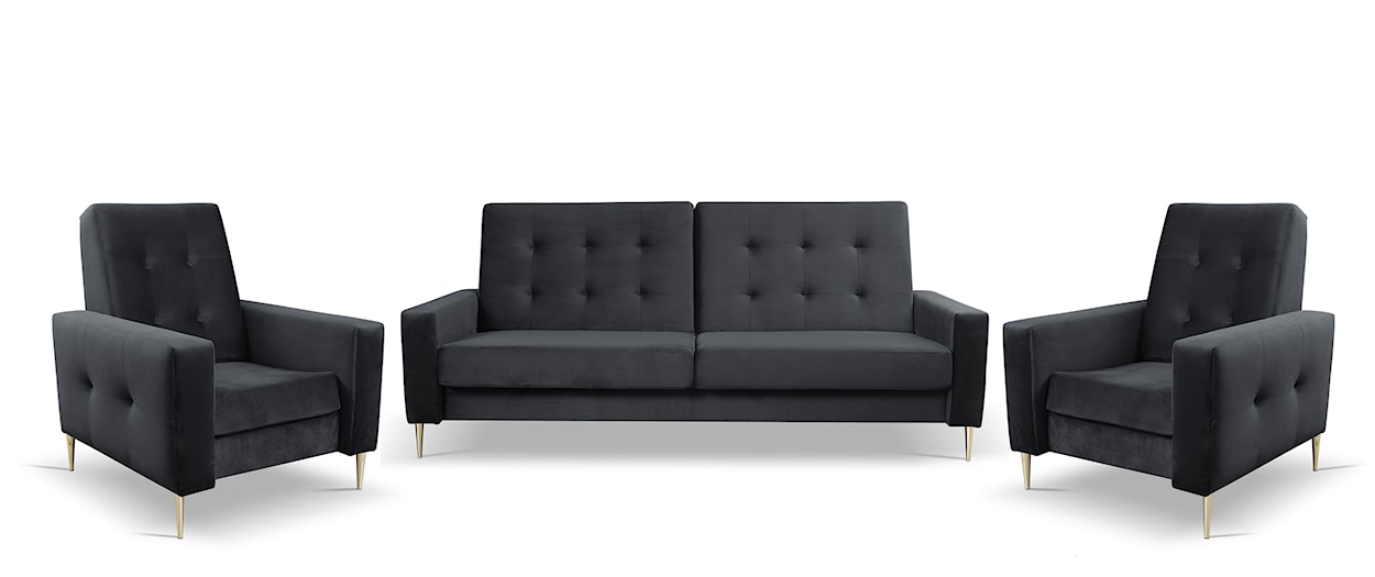 Komplet wypoczynkowy Santi sofa i dwa fotele ciemnoszary w tkaninie hydrofobowej nogi złote