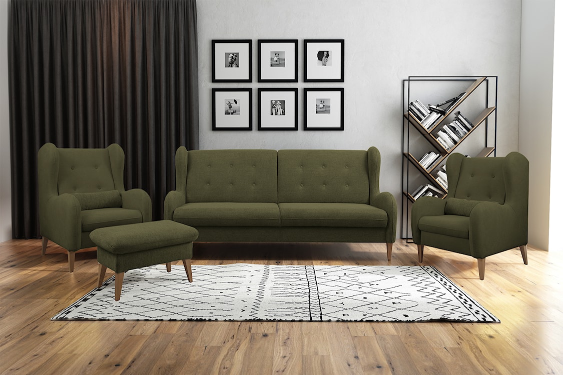Komplet wypoczynkowy Grimmu wersalka, dwa fotele i podnóżek oliwkowy w tkaninie hydrofobowej welur nogi jasne drewno  - zdjęcie 2