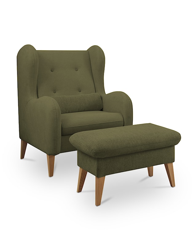 Komplet wypoczynkowy Grimmu wersalka, dwa fotele i podnóżek oliwkowy w tkaninie hydrofobowej welur nogi jasne drewno  - zdjęcie 4