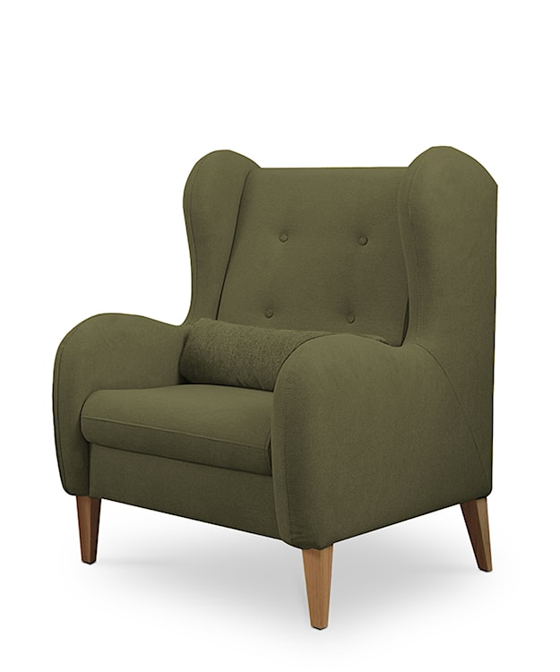 Komplet wypoczynkowy Grimmu wersalka, dwa fotele i podnóżek oliwkowy w tkaninie hydrofobowej welur nogi jasne drewno  - zdjęcie 5