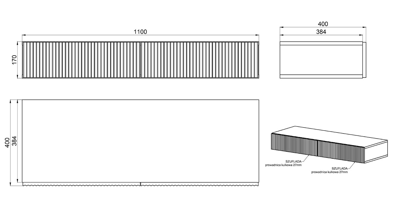 Toaletka Nolie z szufladami wisząca 110 cm Jesion Portland Czarny  - zdjęcie 7