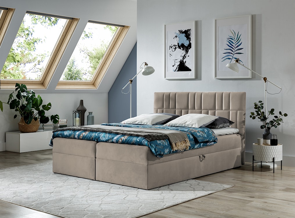 Łóżko kontynentalne Dalwik 180x200 z dwoma pojemnikami, materacem i topperem jasnobrązowe hydrofobowe  - zdjęcie 2