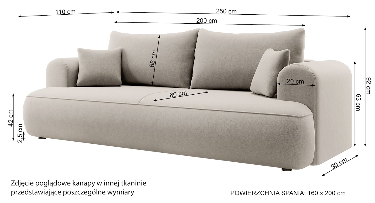 Kanapa rozkładana trzyosobowa Ovo z pojemnikiem beżowa szenil  - zdjęcie 8