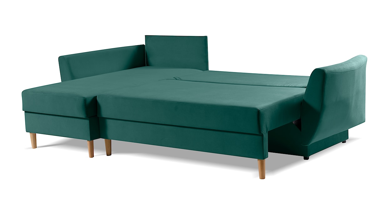 Narożnik z funkcją spania Paradela L-kształtny z pojemnikiem uniwersalny na nóżkach bukowych zielony welur hydrofobowy  - zdjęcie 4