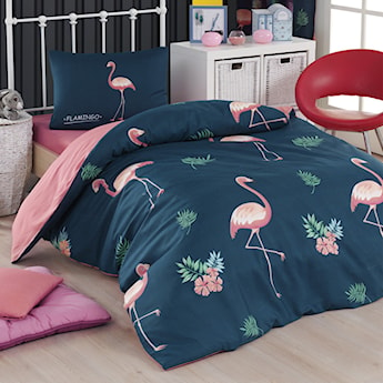 Komplet pościeli z poszewkami na poduszki Minafille 160x220 cm ciemny niebieski we flamingi