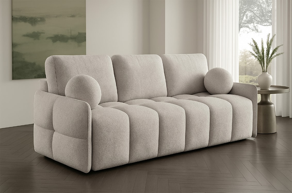 Kanapa rozkładana trzyosobowa Bambeli z pojemnikiem beżowa boucle  - zdjęcie 2