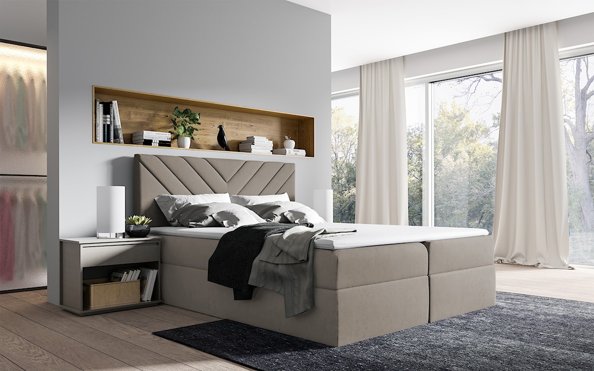 Łóżko kontynentalne Ponferrada 180x200 z dwoma pojemnikami, materacem i topperem beżowe  - zdjęcie 2