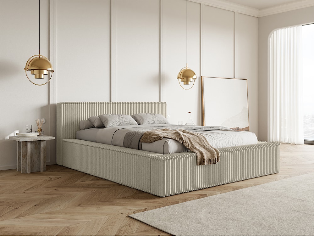 Łóżko tapicerowane Affolio 180x200 cm z pojemnikiem jasnobeżowe gruby sztruks  - zdjęcie 2