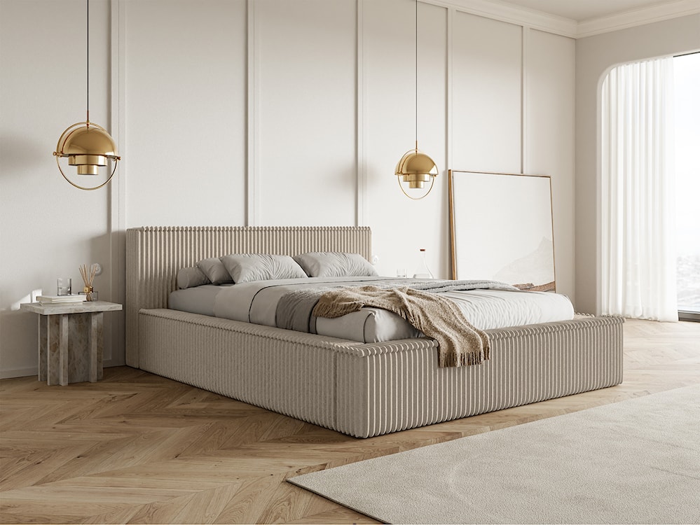 Łóżko tapicerowane Affolio 160x200 cm z pojemnikiem ciemnobeżowe gruby sztruks  - zdjęcie 2