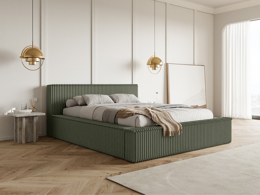 Łóżko tapicerowane Affolio 140x200 cm z pojemnikiem khaki gruby sztruks  - zdjęcie 2