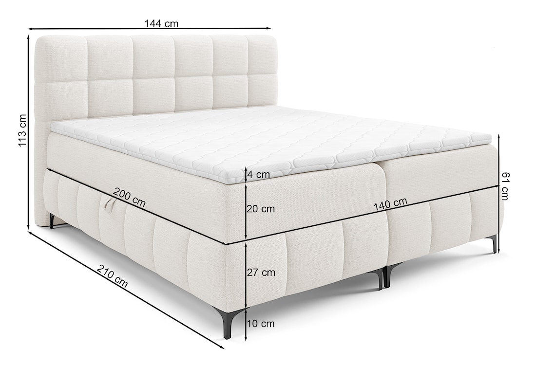 Łóżko kontynentalne 140x200 cm Almagri z dwoma pojemnikami i topperem szare szenil hydrofobowy  - zdjęcie 6