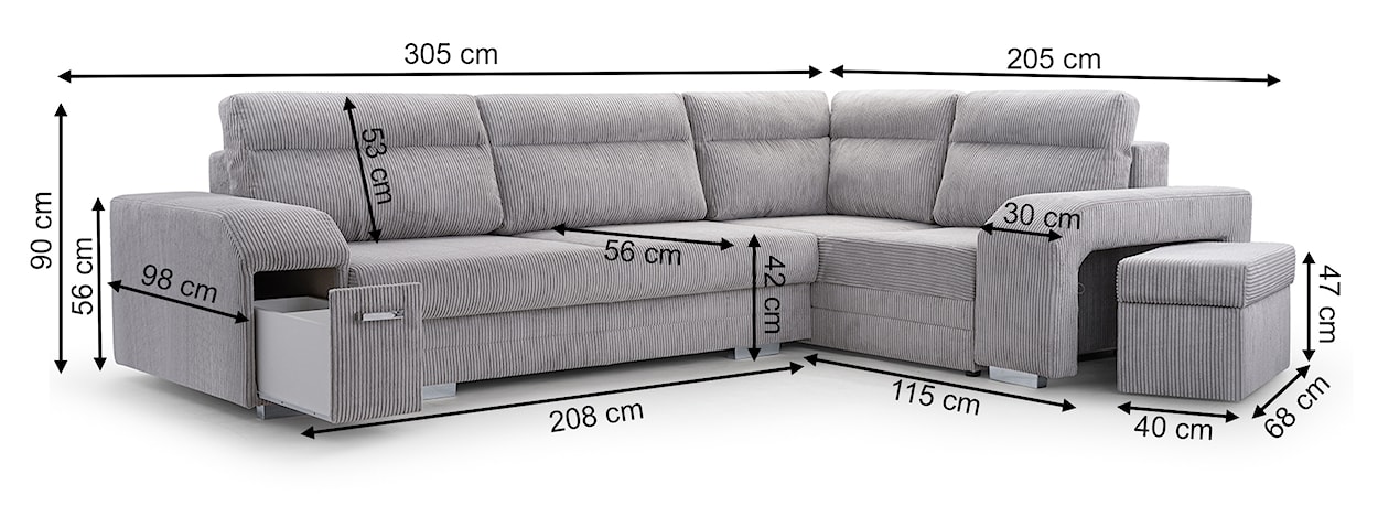 Narożnik z funkcją spania Umill L-kształtny z pojemnikami z barkiem i pufą szary sztruks lewostronny  - zdjęcie 12