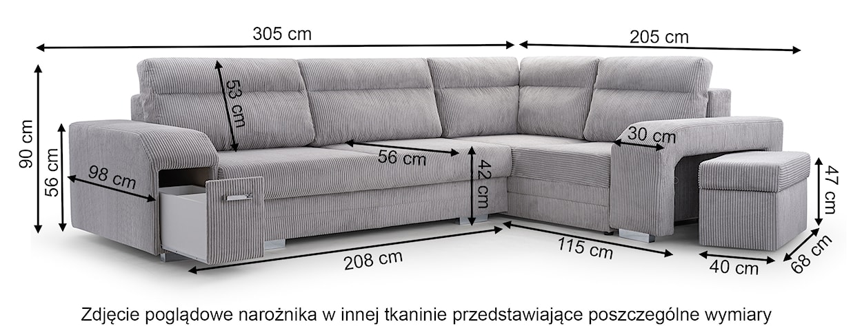 Narożnik z funkcją spania Umill L-kształtny z pojemnikami z barkiem i pufą granatowy welur hydrofobowy prawostronny  - zdjęcie 9