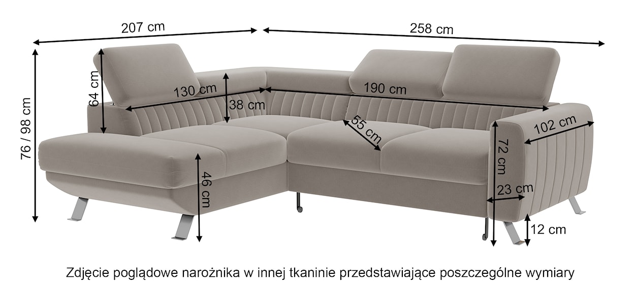 Narożnik z funkcją spania Bambito L-kształtny z pojemnikiem i regulowanymi zagłówkami granatowy welur hydrofobowy prawostronny  - zdjęcie 7