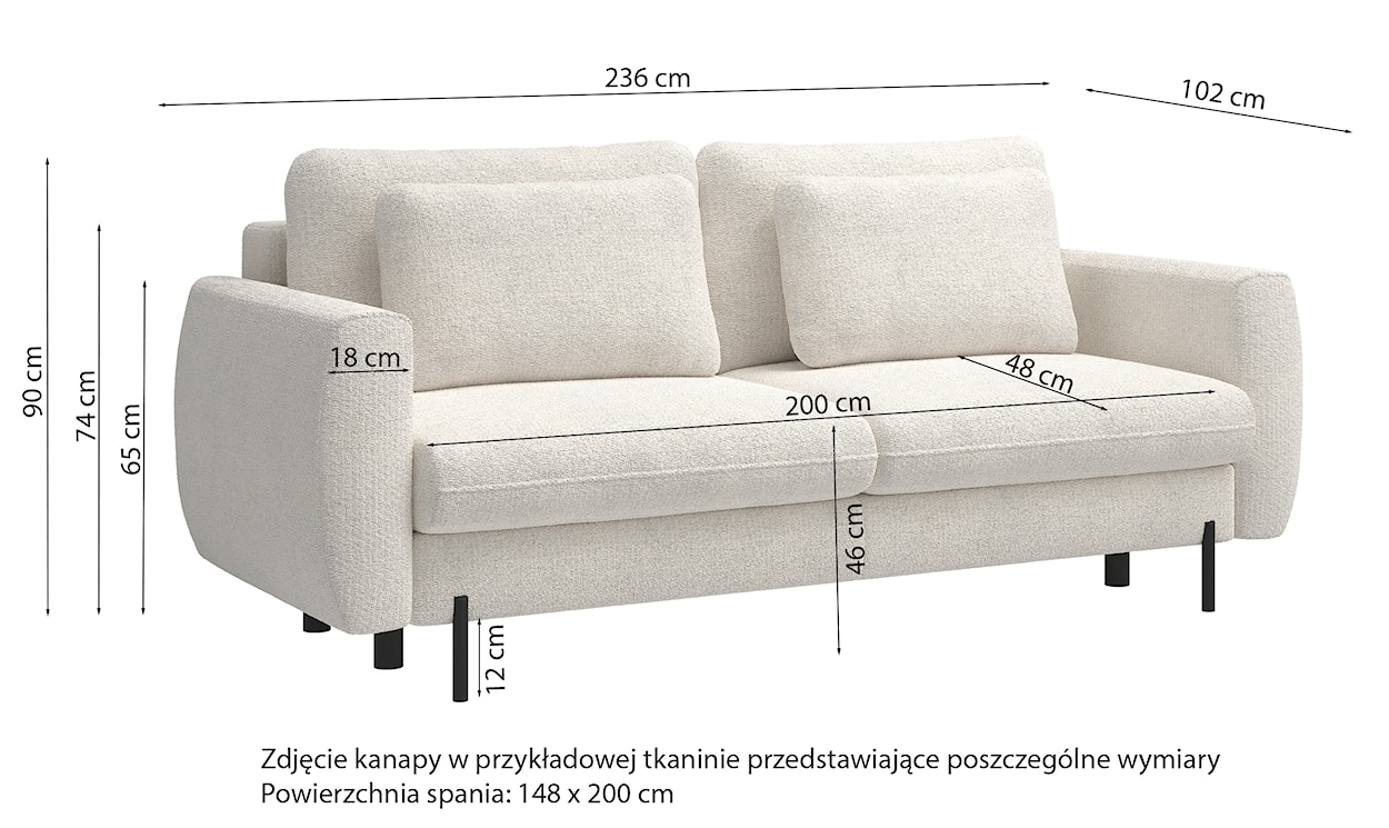 Kanapa rozkładana trzyosobowa Rane z pojemnikiem kremowa szenil hydrofobowy  - zdjęcie 8