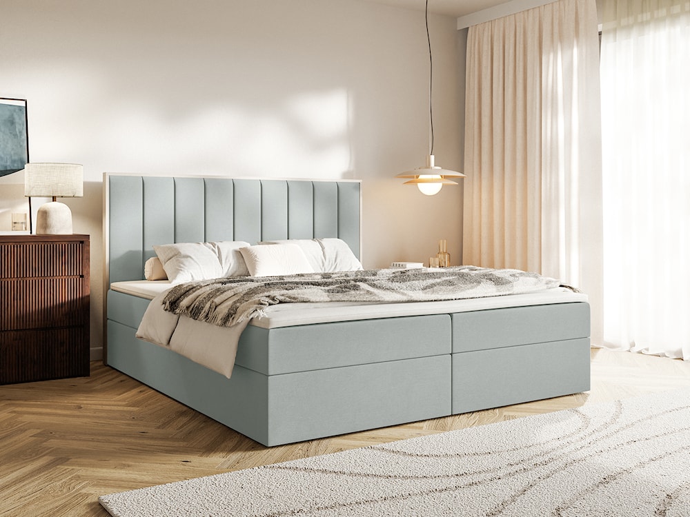 Łóżko kontynentalne 140x200 cm Togents z pojemnikami i topperem szałwiowe welur hydrofobowy  - zdjęcie 2