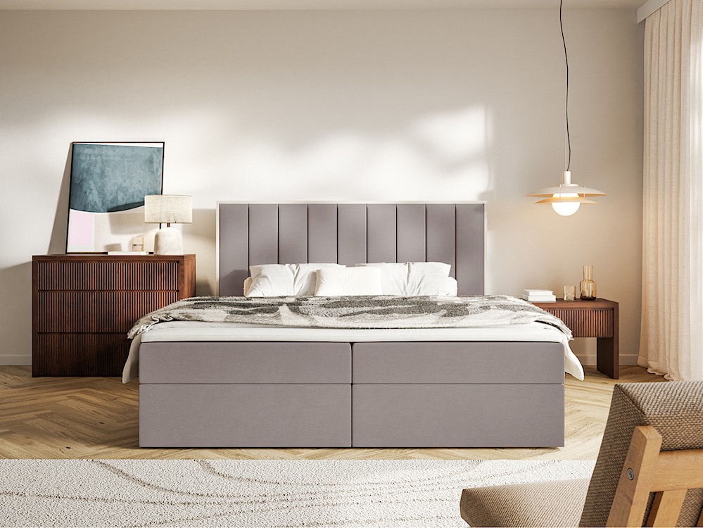Łóżko kontynentalne 140x200 cm Togents z pojemnikami i topperem brązowe welur hydrofobowy  - zdjęcie 3