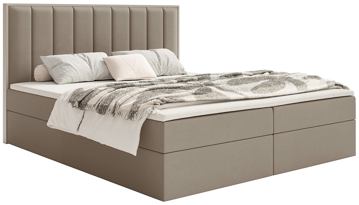 Łóżko kontynentalne 140x200 cm Togents z pojemnikami i topperem brązowe welur hydrofobowy 