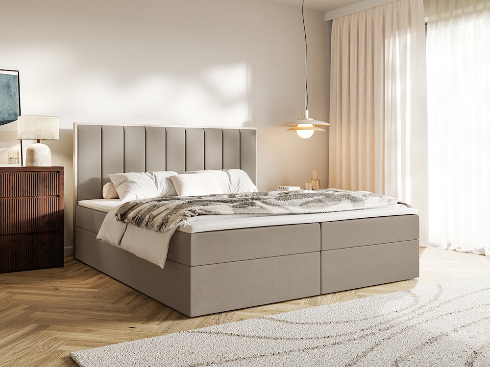 Łóżko kontynentalne 140x200 cm Togents z pojemnikami i topperem brązowe welur hydrofobowy  - zdjęcie 2