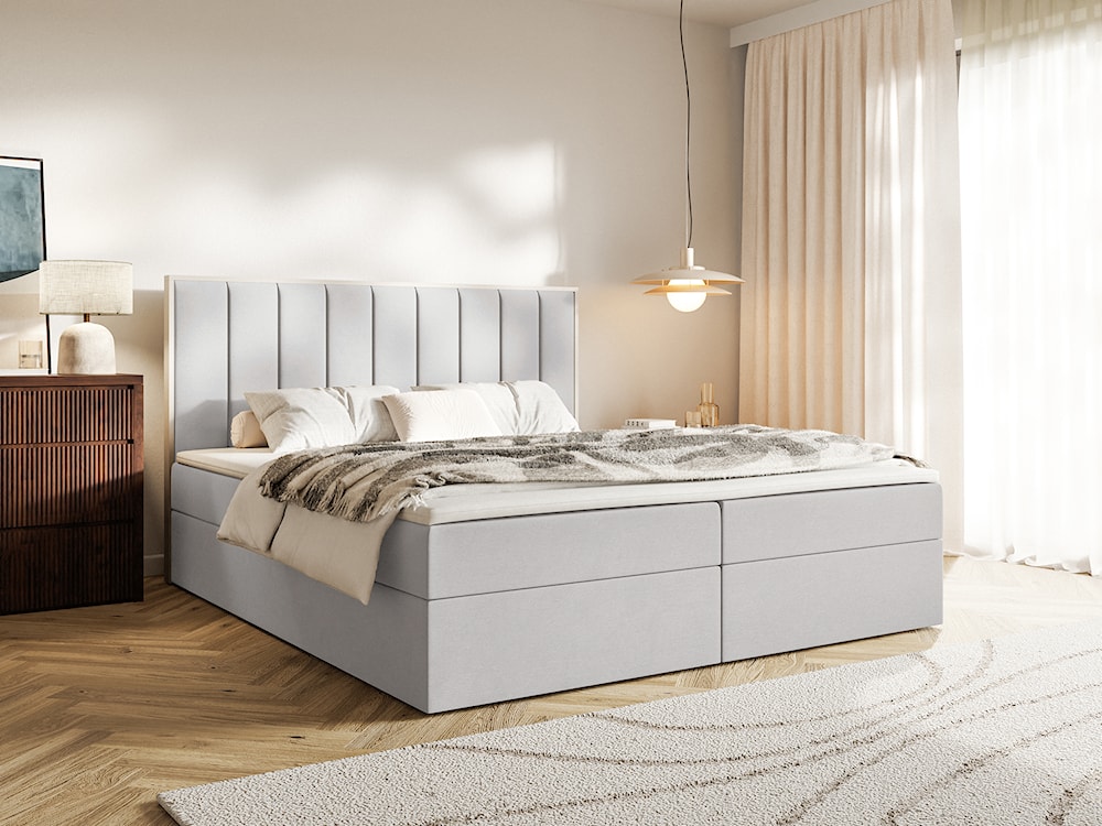 Łóżko kontynentalne 140x200 cm Togents z pojemnikami i topperem jasnoszare welur hydrofobowy  - zdjęcie 2