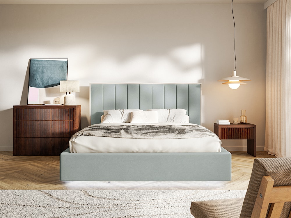 Łóżko tapicerowane 140x200 cm Togents z oświetleniem LED szałwiowe welur hydrofobowy  - zdjęcie 3