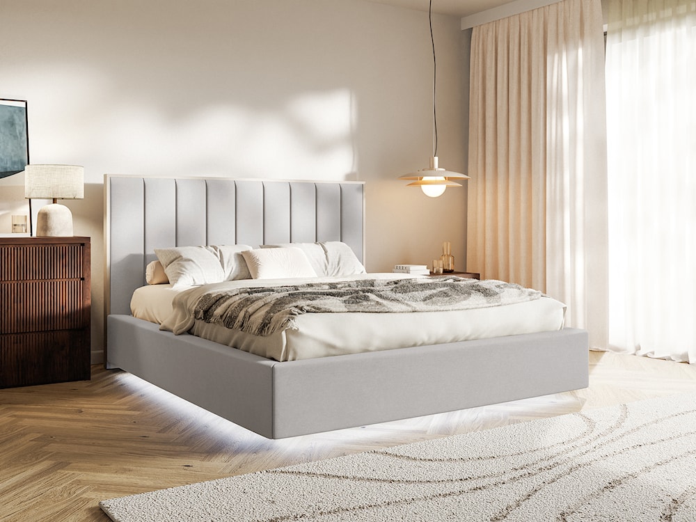 Łóżko tapicerowane 140x200 cm Togents z oświetleniem LED jasnoszare welur hydrofobowy  - zdjęcie 2