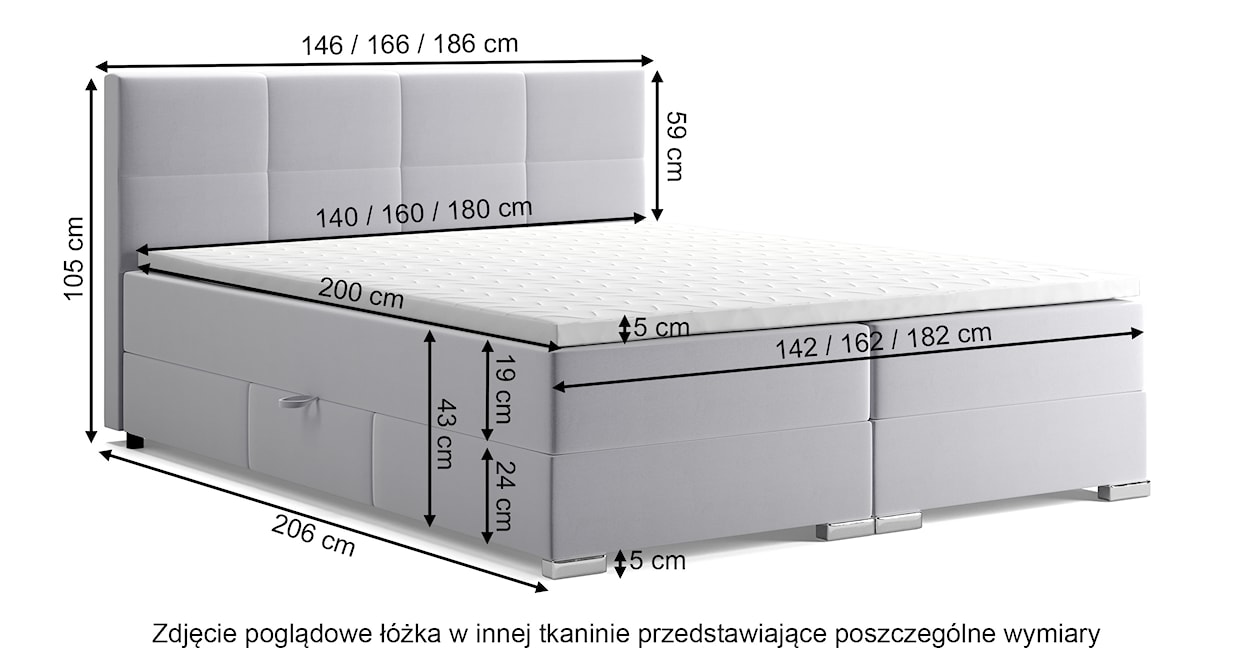 Łóżko kontynentalne 160x200 cm Palazzine z pojemnikami i topperem ciemnoszare  - zdjęcie 4