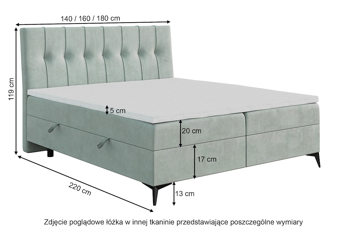 Łóżko kontynentalne 140x200 cm Arluno z pojemnikami i topperem jasnoszare welur hydrofobowy  - zdjęcie 5