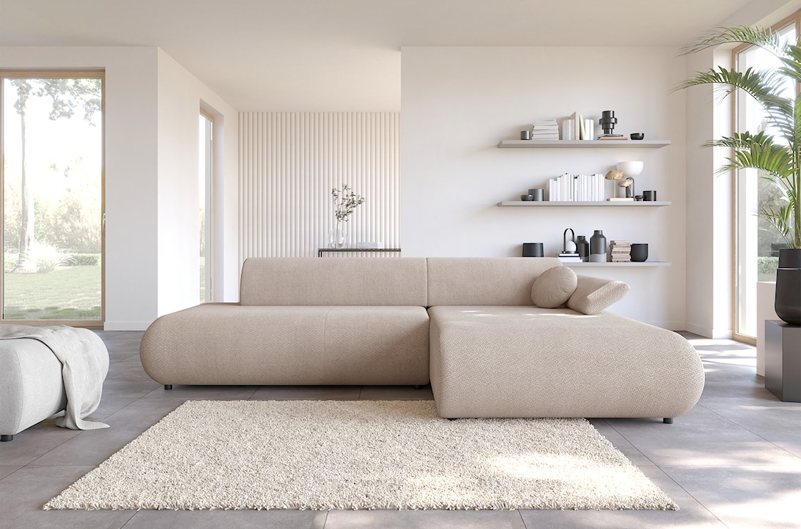 Narożnik z funkcją spania Armone L-kształtny prawostronny jasnobeżowy szenil  - zdjęcie 2