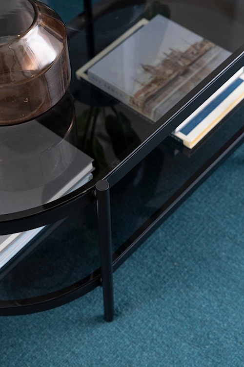 Stolik kawowy Aykal owalny z półką i szklanym blatem na metalowej podstawie 95x50 cm  - zdjęcie 8