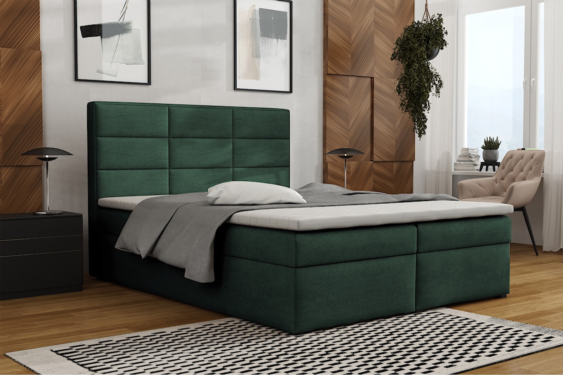 Łóżko kontynentalne 140x200 cm Suvereto z pojemnikami i topperem ciemnozielone welur łatwoczyszczący  - zdjęcie 2
