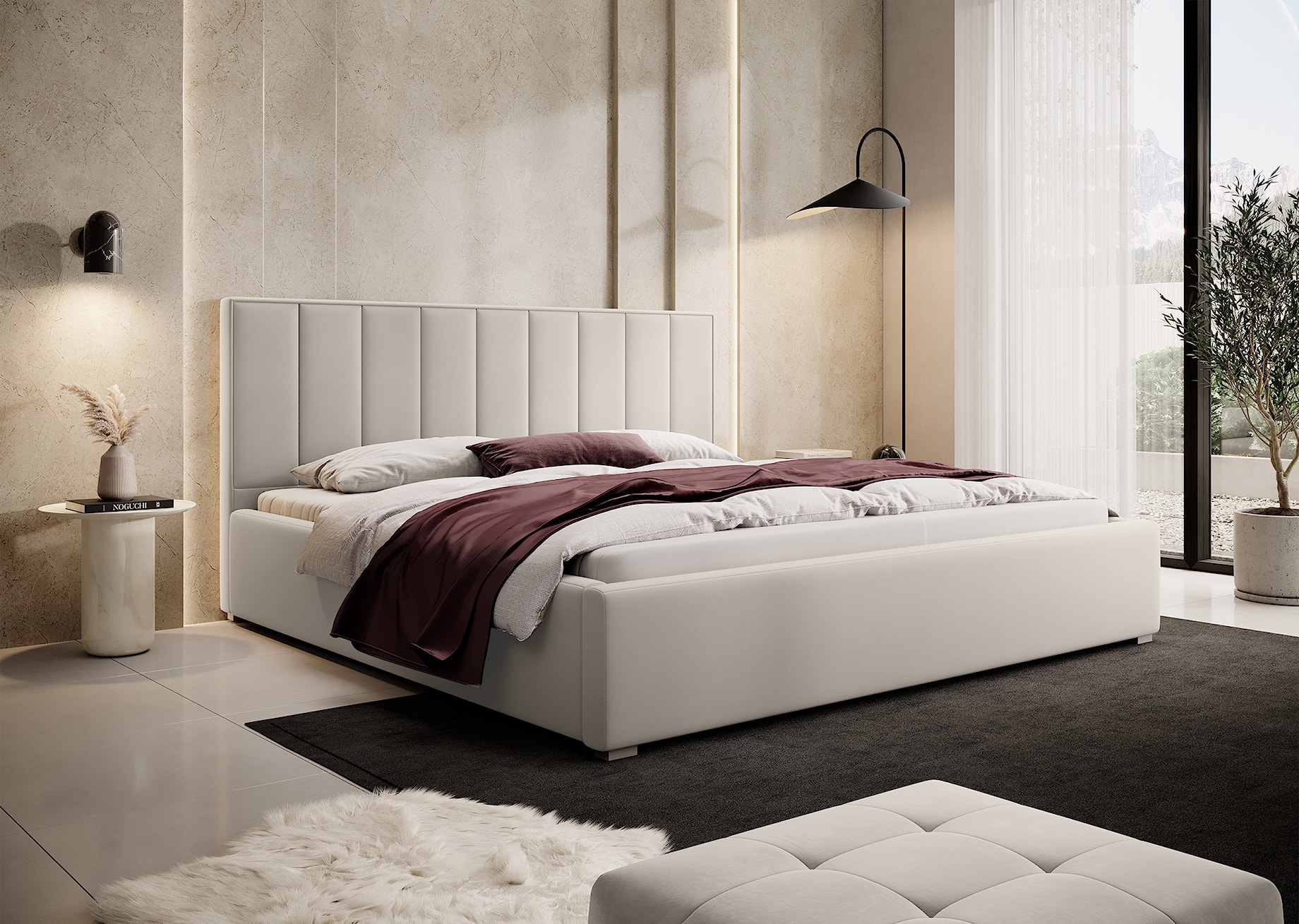 Kremowe tapicerowane łóżko z kremowym zagłówkiem